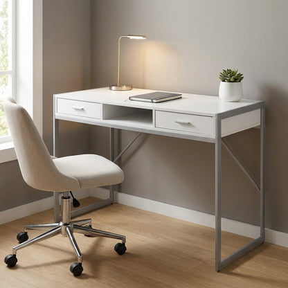 White silver metal computer desk in home office corner
