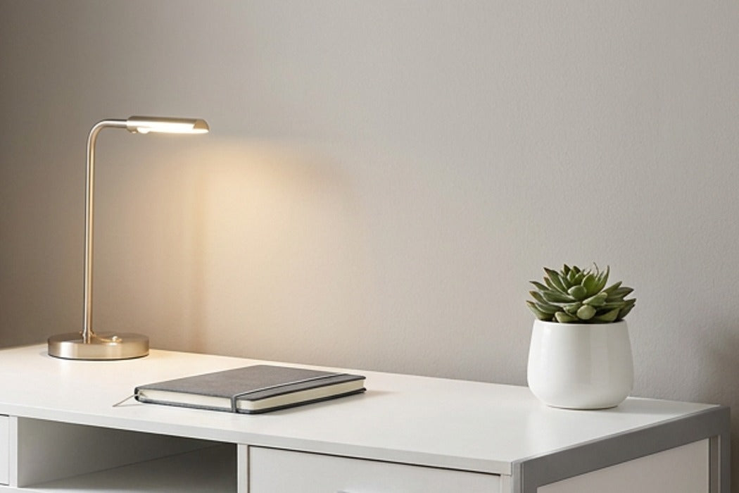 White silver metal computer desk, desktop close-up with lamp and plant