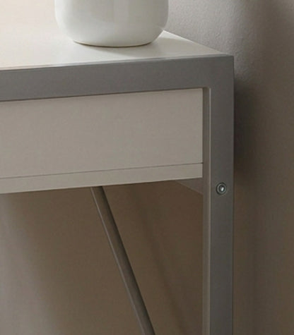 White silver metal computer desk, frame corner close-up