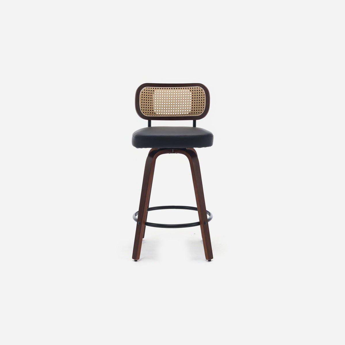 Black cane back counter height swivel stool with walnut legs, front view