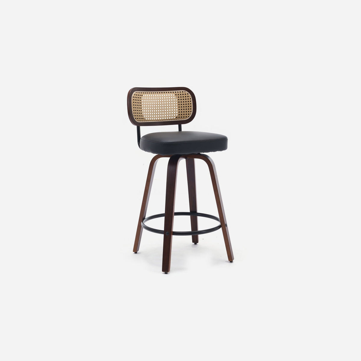 Black cane back counter height swivel stool, three-quarter view
