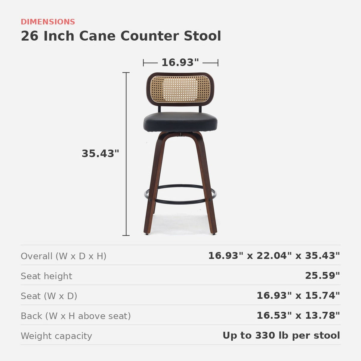 Dimensions of the 26 inch rattan counter stool, seat height 25.59 inches