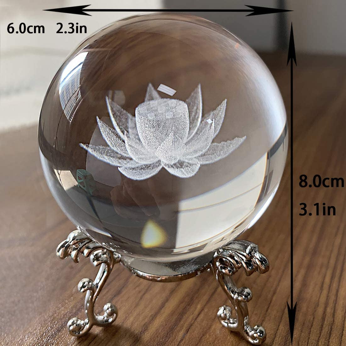 Crystal 2.4 Inch (60Mm) Carving Lotus Crystal Ball with Sliver-Plated Flowering Stand,Fengshui Glass Ball Home Decoration