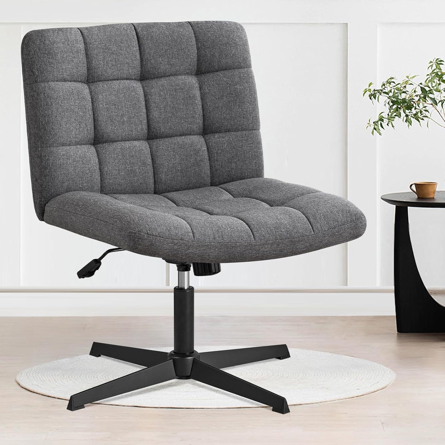 Criss Cross Wide Chair, Comfy Legged Desk Chair No Wheels Armless Modern Swivel Chair with Mid Back, Height Adjustable Wide Seat for Home Office Vanity, Grey