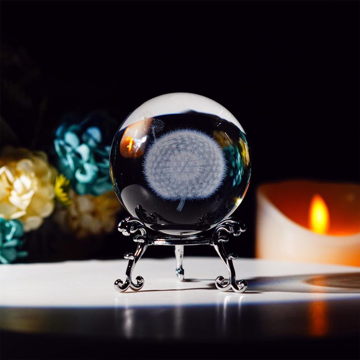 Crystal 2.4 Inch (60Mm) Carving Lotus Crystal Ball with Sliver-Plated Flowering Stand,Fengshui Glass Ball Home Decoration