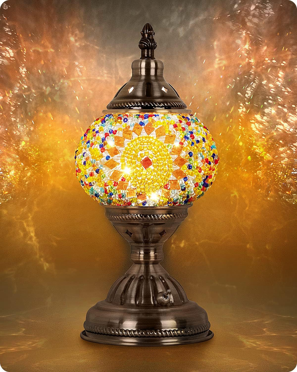 Turkish Moroccan Lamp with Bronze Base Handmade Tiffany Mosaic Glass Lamps Portable Bedside Lamps with Rechargeable Battery 2000Mah (LED Bulb Included)(3)