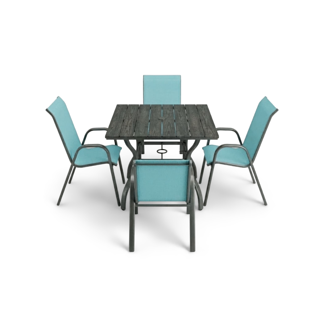 5-piece patio dining set, sky blue, rotated view (plain studio)