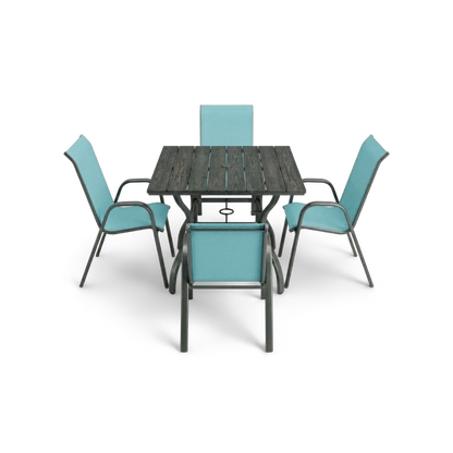 5-piece patio dining set, sky blue, rotated view (plain studio)