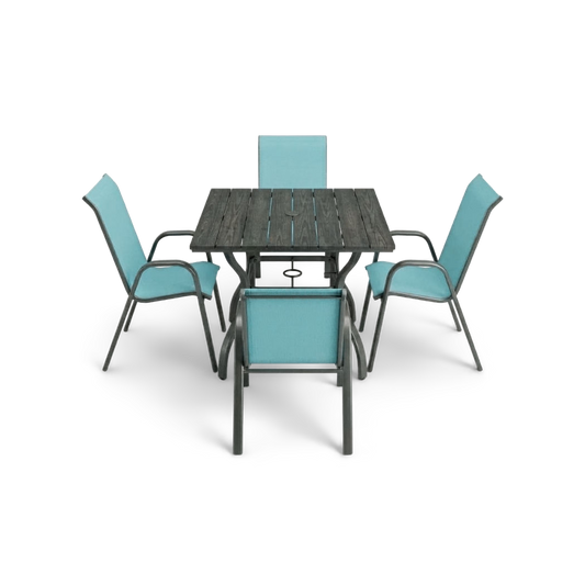 5-piece patio dining set, sky blue, rotated view (plain studio)