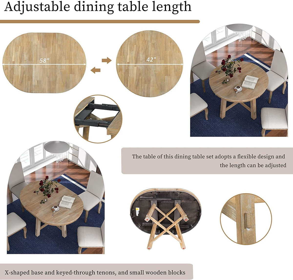 Extendable Round Wood Dining Table Farmhouse Style