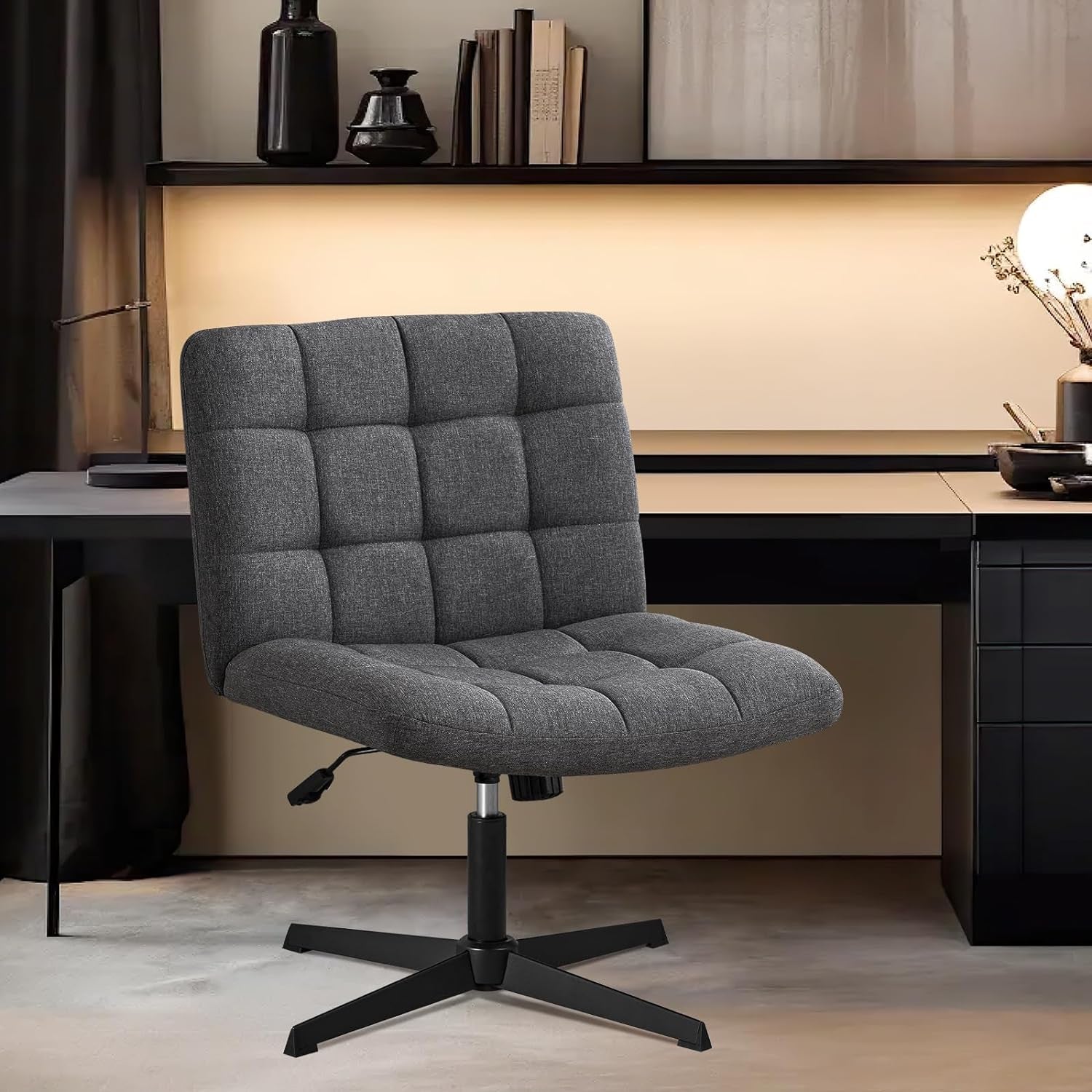 Criss Cross Wide Chair, Comfy Legged Desk Chair No Wheels Armless Modern Swivel Chair with Mid Back, Height Adjustable Wide Seat for Home Office Vanity, Grey