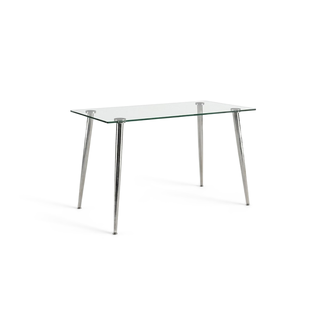 51 inch tempered glass dining table seen at an angle on a #f3f3f3 studio background (plain studio)