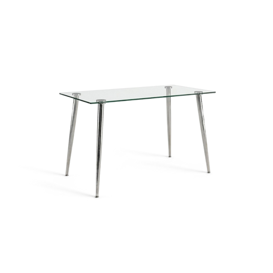 51 inch tempered glass dining table seen at an angle on a #f3f3f3 studio background (plain studio)