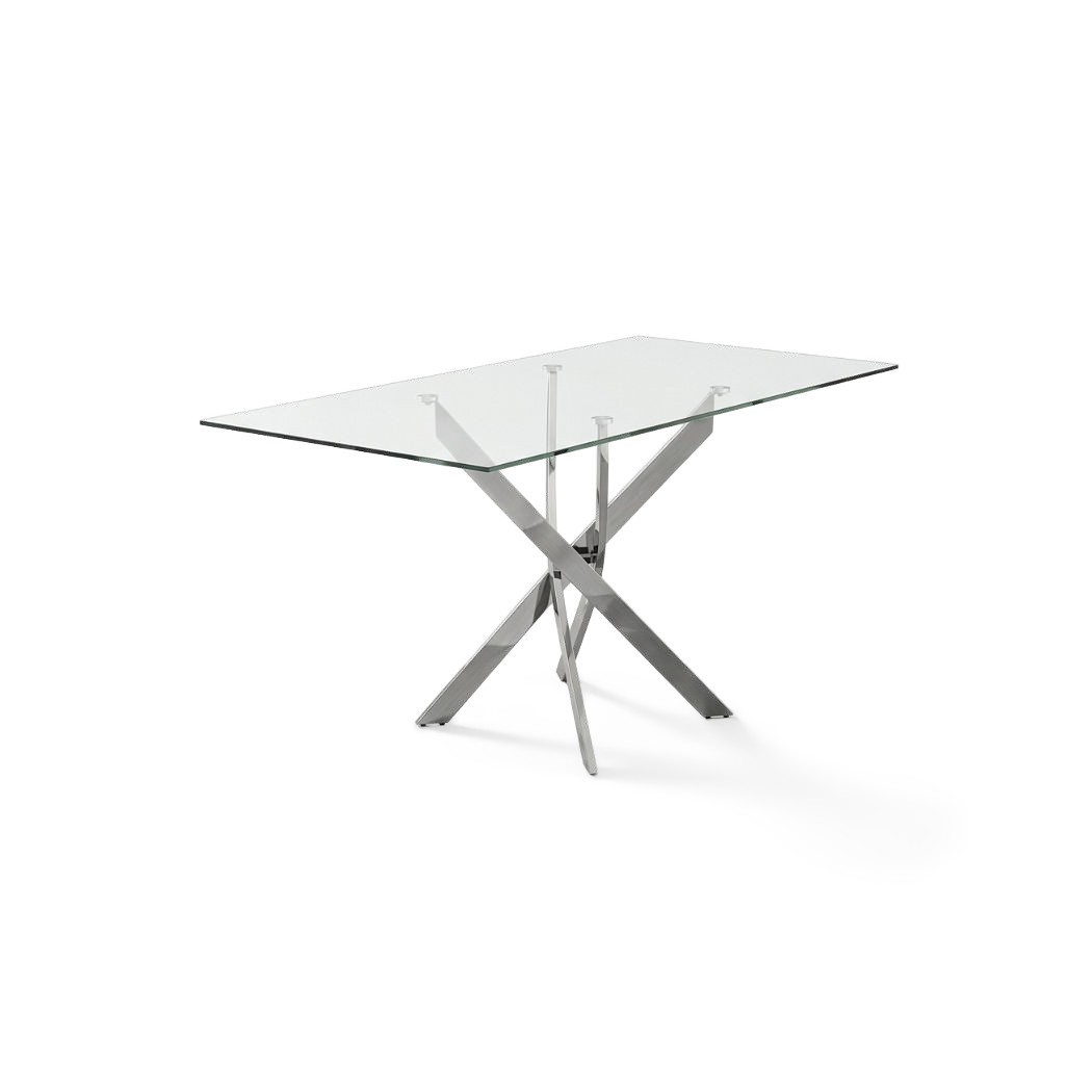 glass dining table with chrome legs seen at an angle on a #f3f3f3 studio background (plain studio)