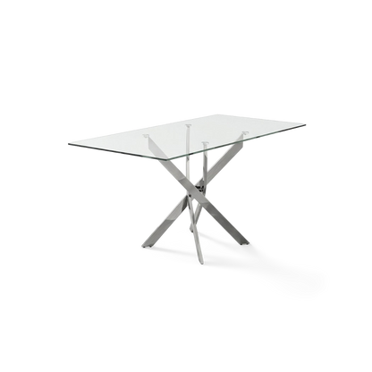 glass dining table with chrome legs seen at an angle on a #f3f3f3 studio background (plain studio)