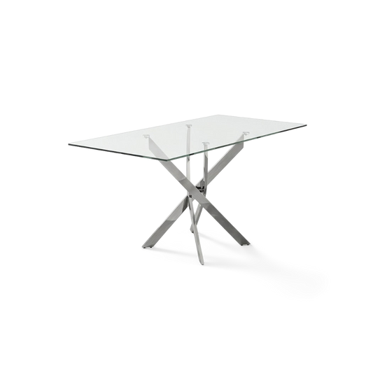 glass dining table with chrome legs seen at an angle on a #f3f3f3 studio background (plain studio)