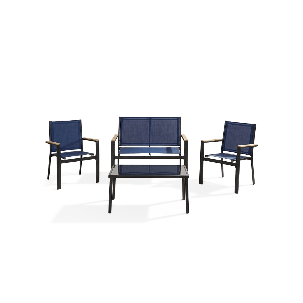 Textilene patio conversation set with glass-top table, rotated view