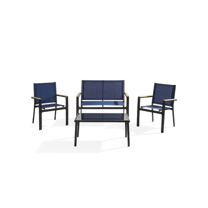 Textilene patio conversation set with glass-top table, rotated view