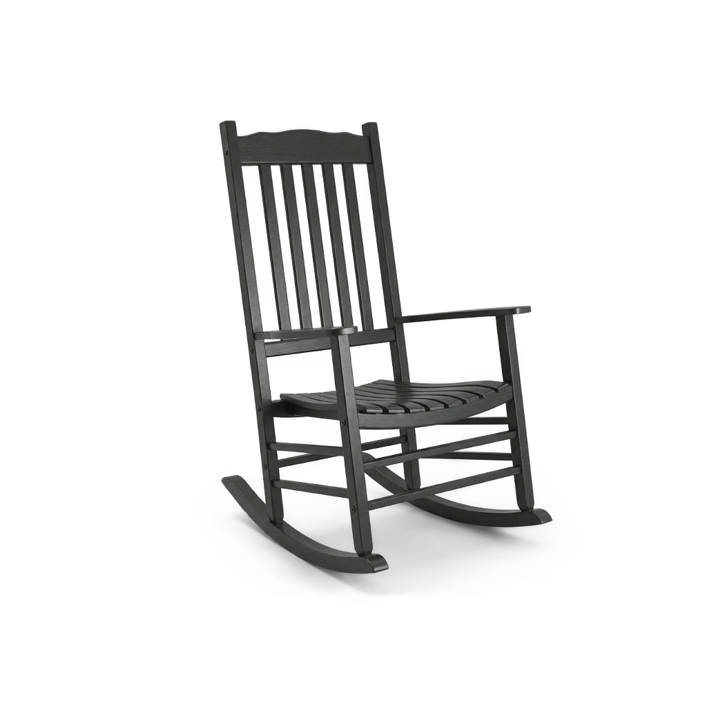 Black porch rocking chair, three-quarter view, scalloped top rail