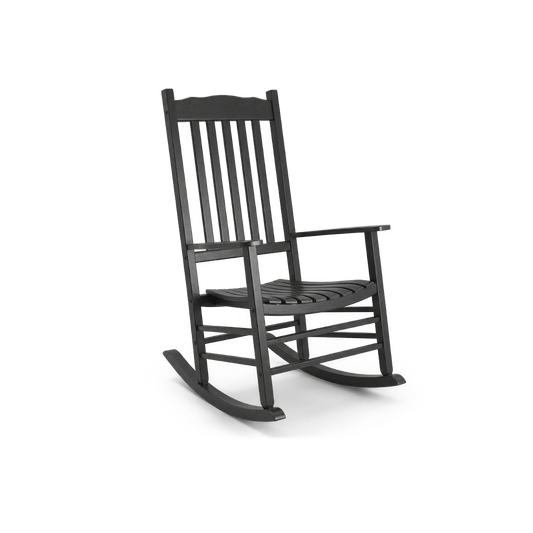 Black porch rocking chair, three-quarter view, scalloped top rail