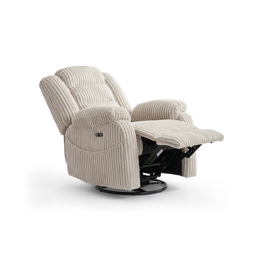 Massage swivel rocker recliner in cream corduroy, three-quarter view, plain #f3f3f3 studio background