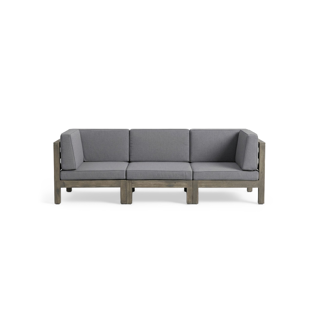 Three-seat acacia wood outdoor sectional in dark gray, front view