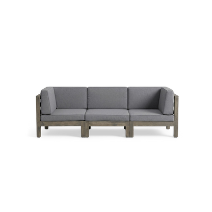 Three-seat acacia wood outdoor sectional in dark gray, front view