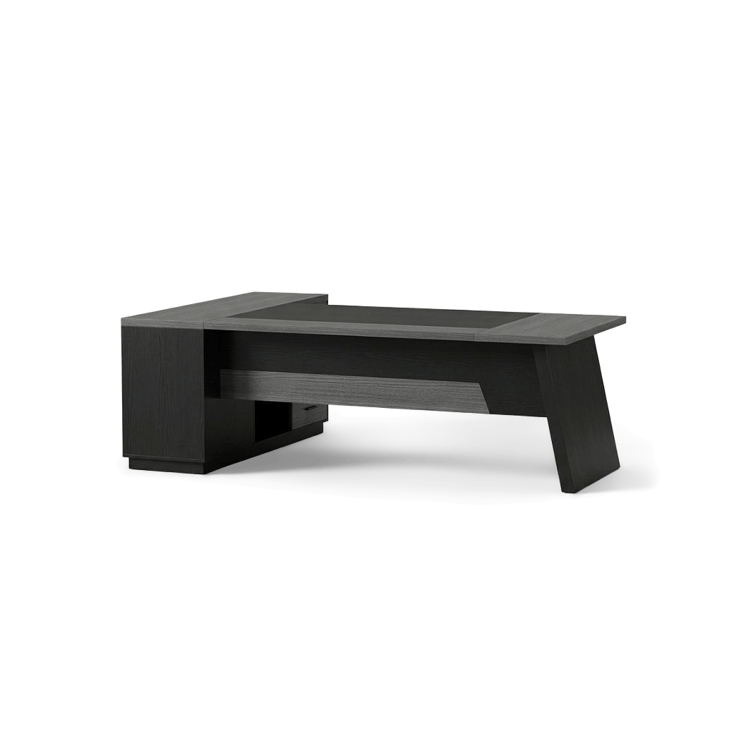 L-shaped executive desk with drawers in grey and black, second studio view