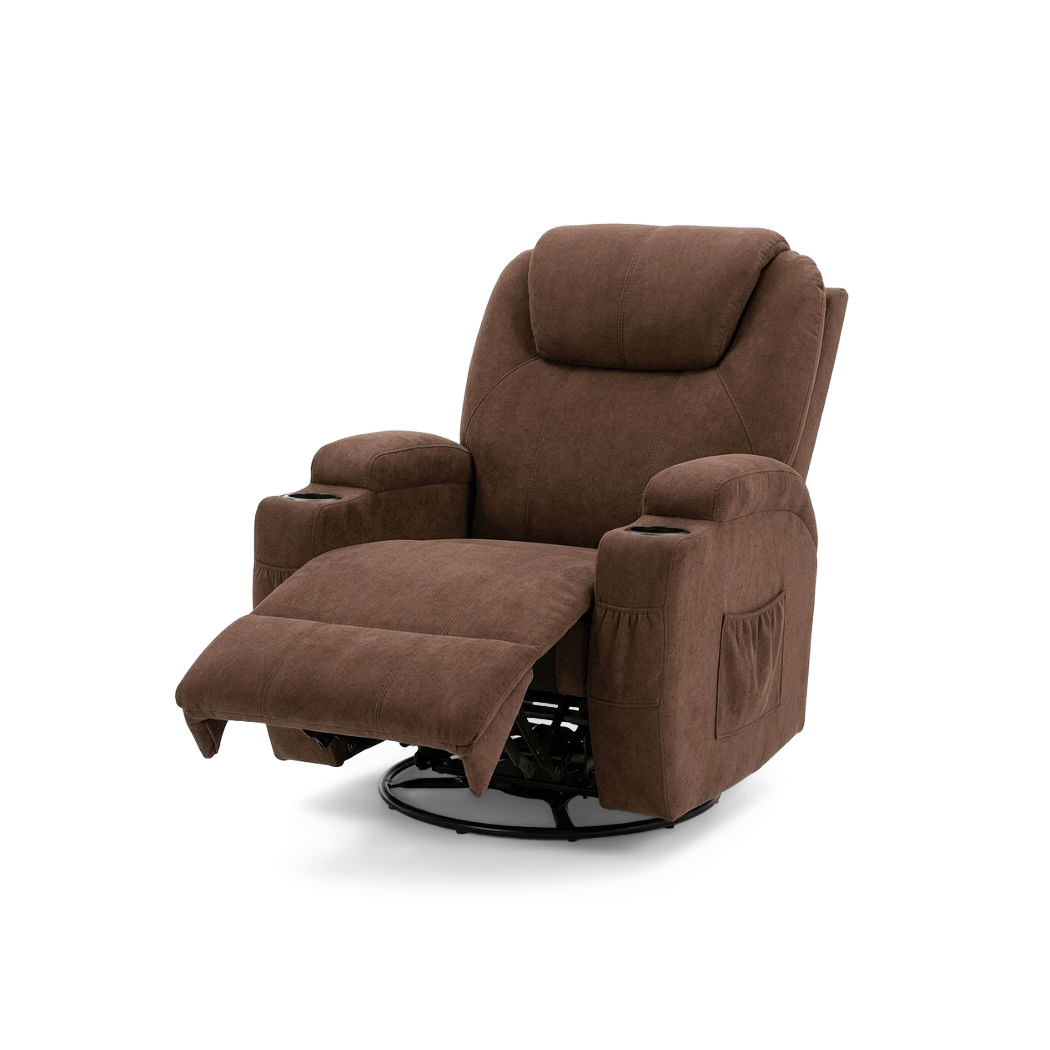 Massage swivel rocker recliner in brown fabric with the footrest extended, angled view