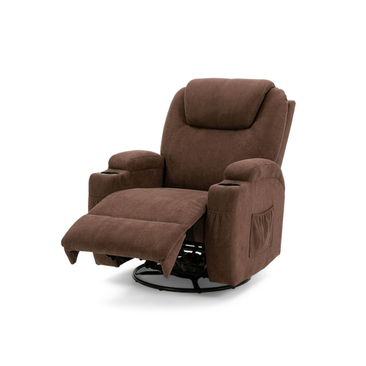 Massage swivel rocker recliner in brown fabric with the footrest extended, angled view