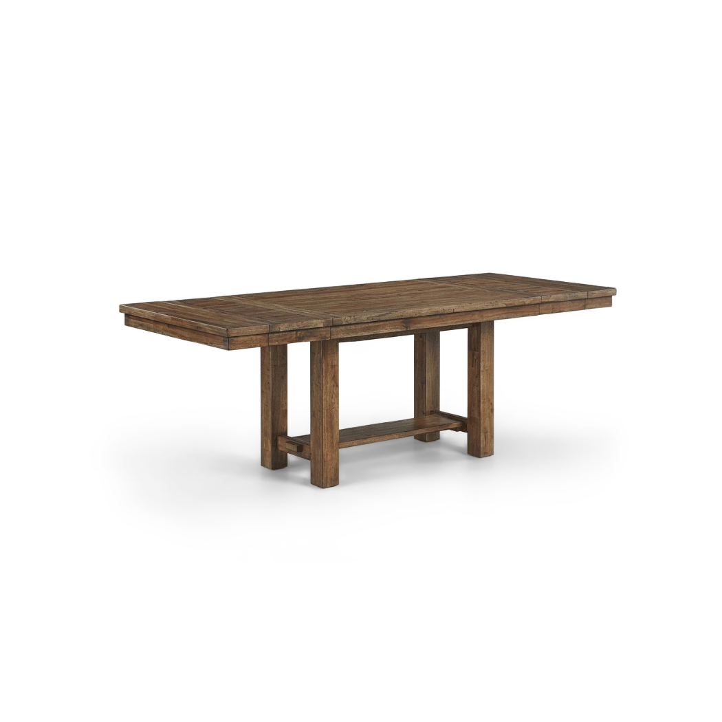 Extension dining table with a planked top in a distressed nutmeg finish