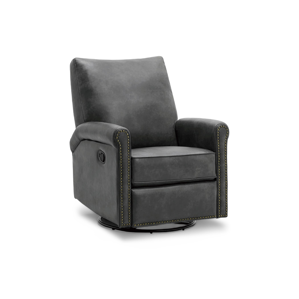 Dark gray leather rocker recliner with nailhead trim on a swivel base, three-quarter view