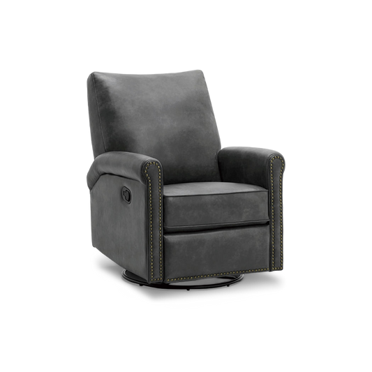Dark gray leather rocker recliner with nailhead trim on a swivel base, three-quarter view