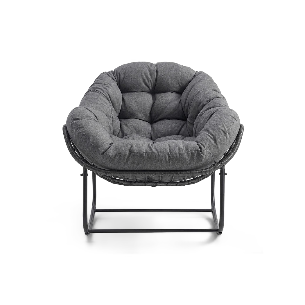 Outdoor papasan rocking chair look with a dark gray padded cushion, front view (plain studio)