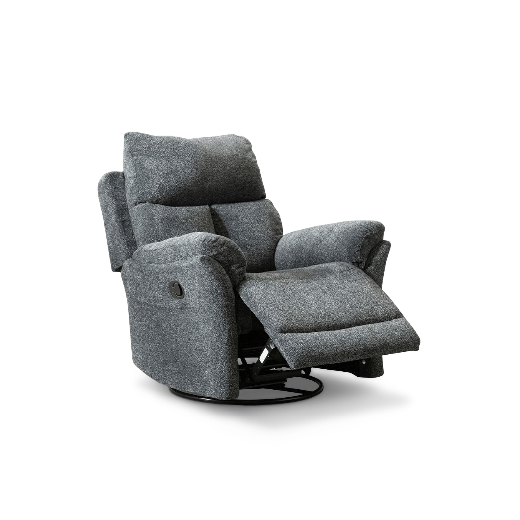 Gray swivel rocker recliner with the footrest extended, three-quarter view