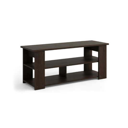 Small living room TV stand in espresso, three-quarter view on #f3f3f3 studio background (plain studio)