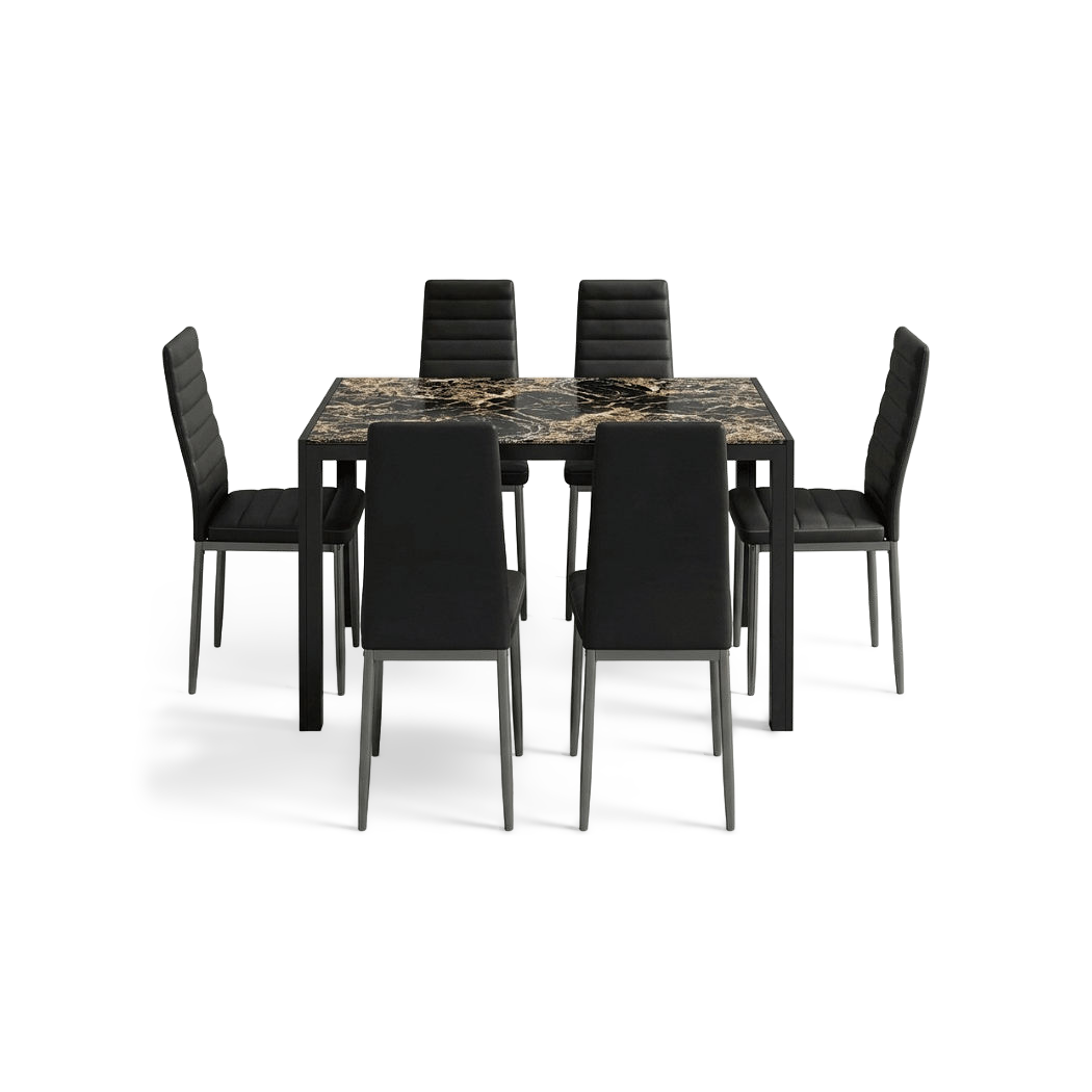 Dining table set with PU leather chairs, seven pieces with a glass top and black metal legs