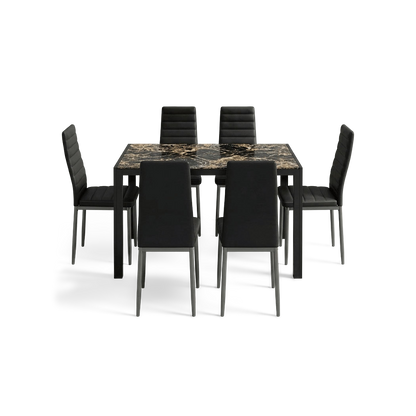 Dining table set with PU leather chairs, seven pieces with a glass top and black metal legs