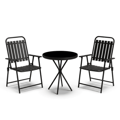 3 piece folding bistro set in black metal, front view on #f3f3f3 studio background (plain studio)