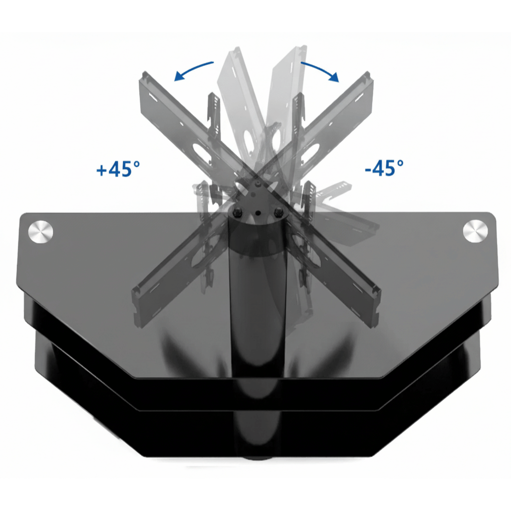 Three-tier black TV stand with AV gear storage and height-adjustable swivel mount for modern home theater setups.