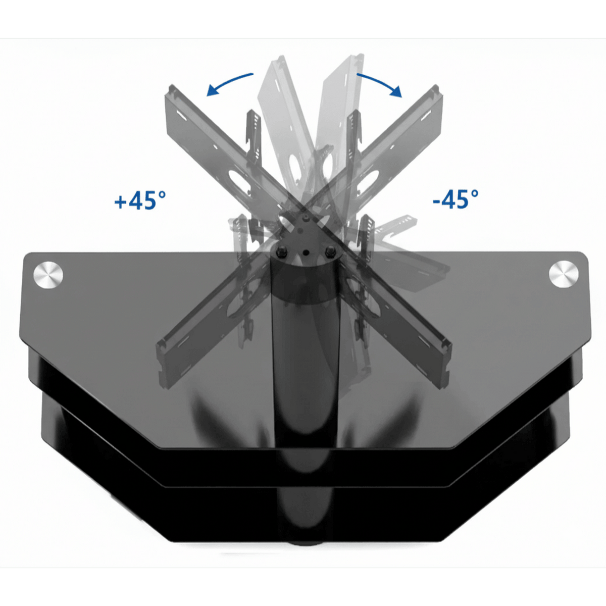 Three-tier black TV stand with AV gear storage and height-adjustable swivel mount for modern home theater setups.
