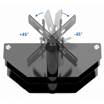 Three-tier black TV stand with AV gear storage and height-adjustable swivel mount for modern home theater setups.
