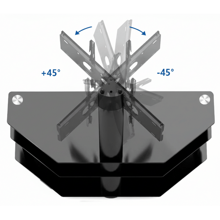 Three-tier black TV stand with AV gear storage and height-adjustable swivel mount for modern home theater setups.