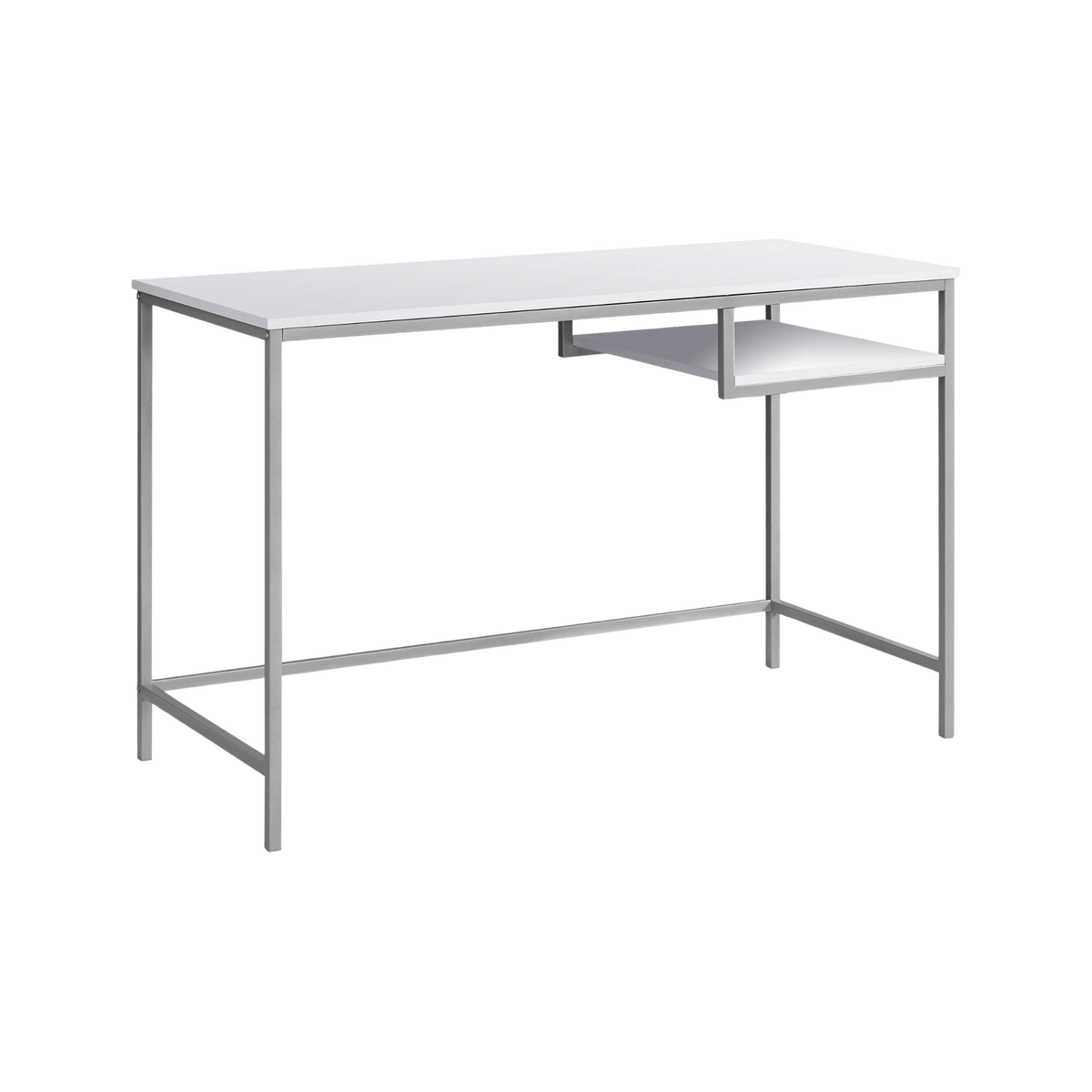 Durable 30-inch white MDF desk with a white metal frame and a right-side open shelf.