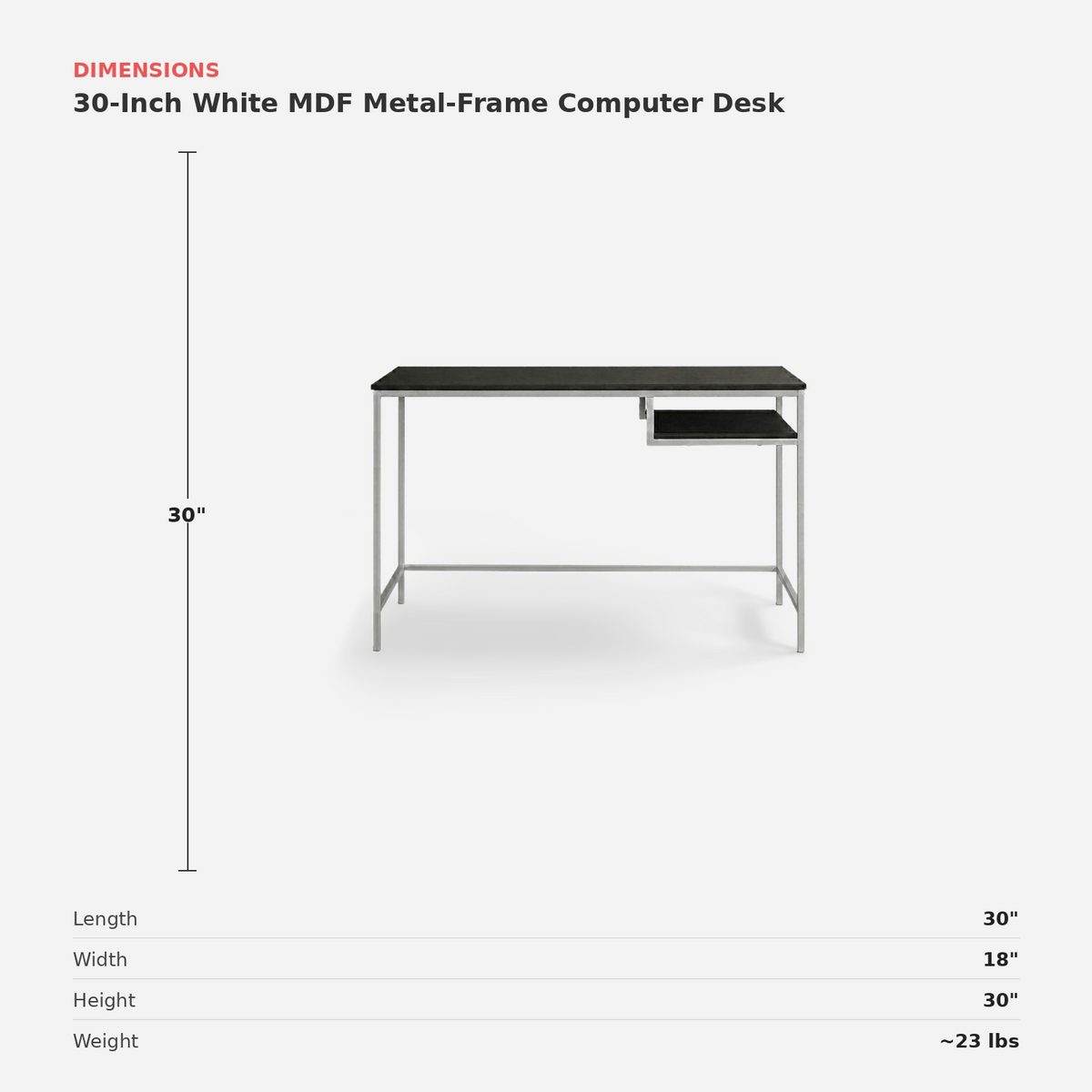 30-Inch White MDF Metal-Frame Computer Desk dimensions (feature callout)
