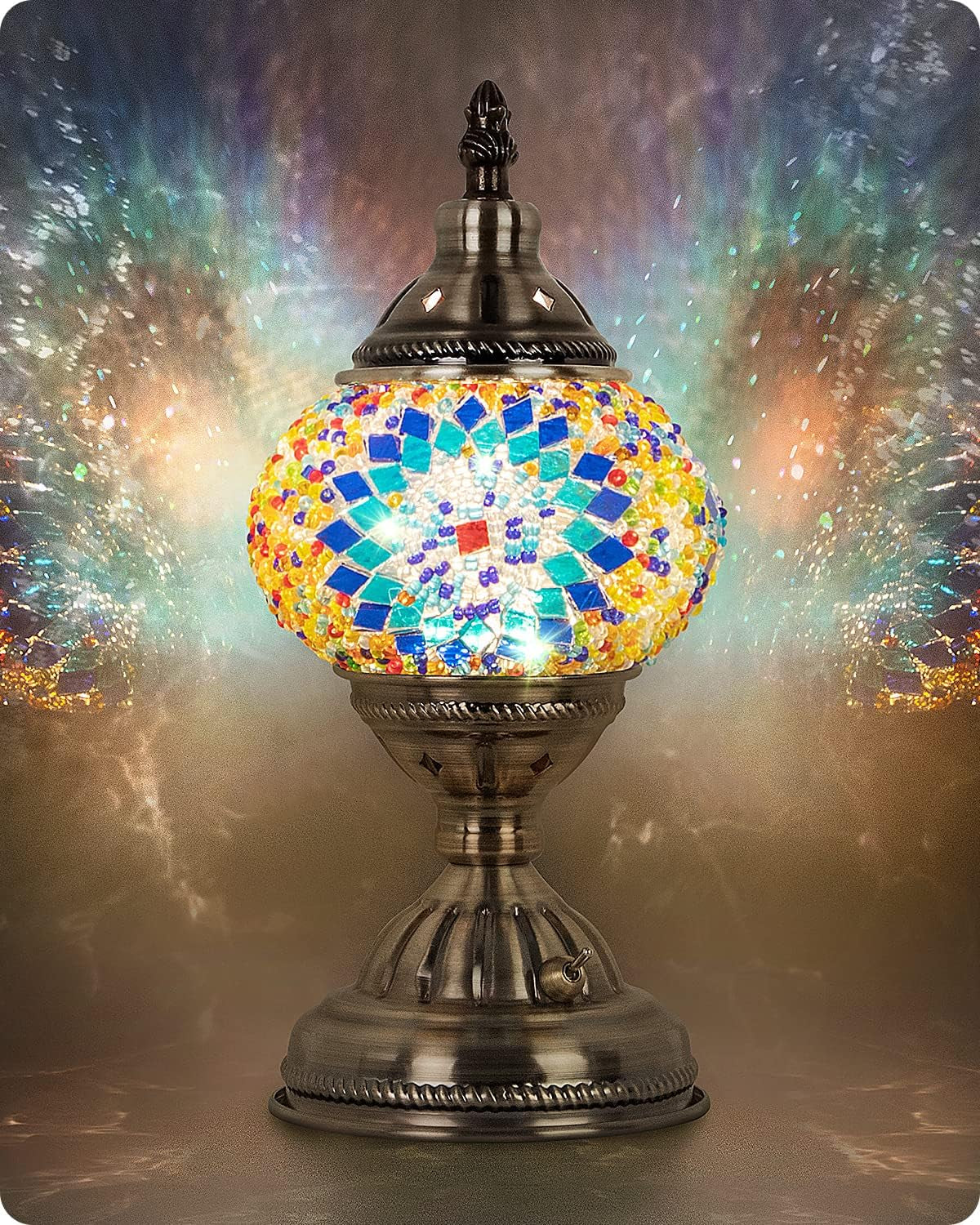 Turkish Moroccan Lamp with Bronze Base Handmade Tiffany Mosaic Glass Lamps Portable Bedside Lamps with Rechargeable Battery 2000Mah (LED Bulb Included)(3)