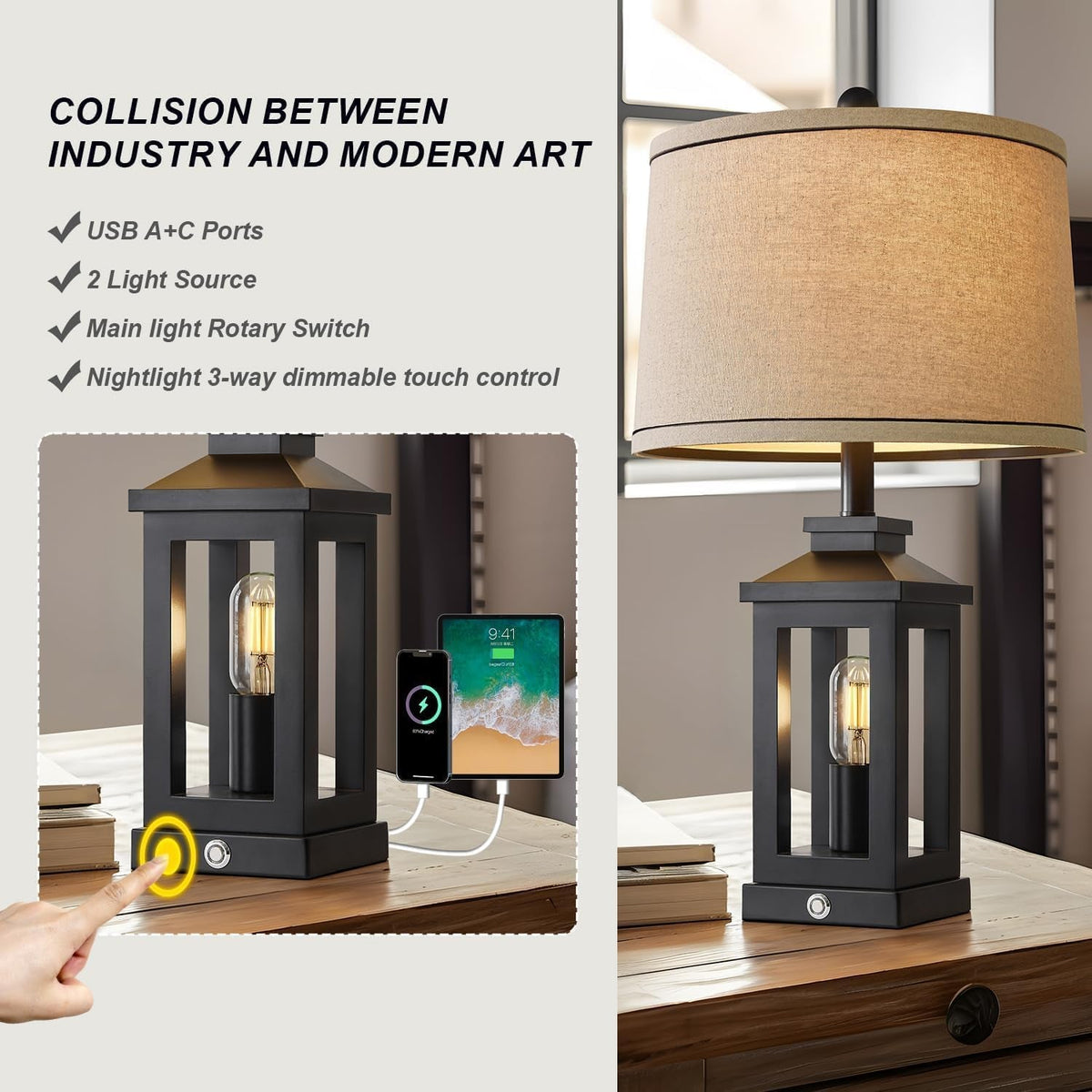 Retro Black Table Lamps Set of 2 With Touch Control and USB