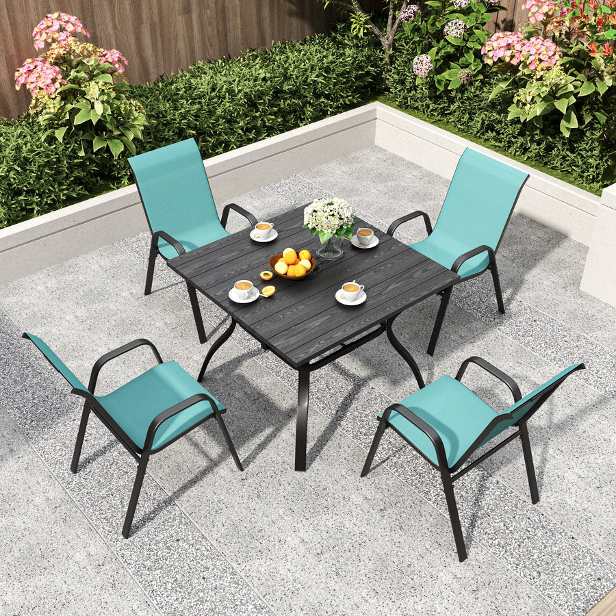 5-Piece Patio Dining Set with Wood-Grain Table and Umbrella Hole