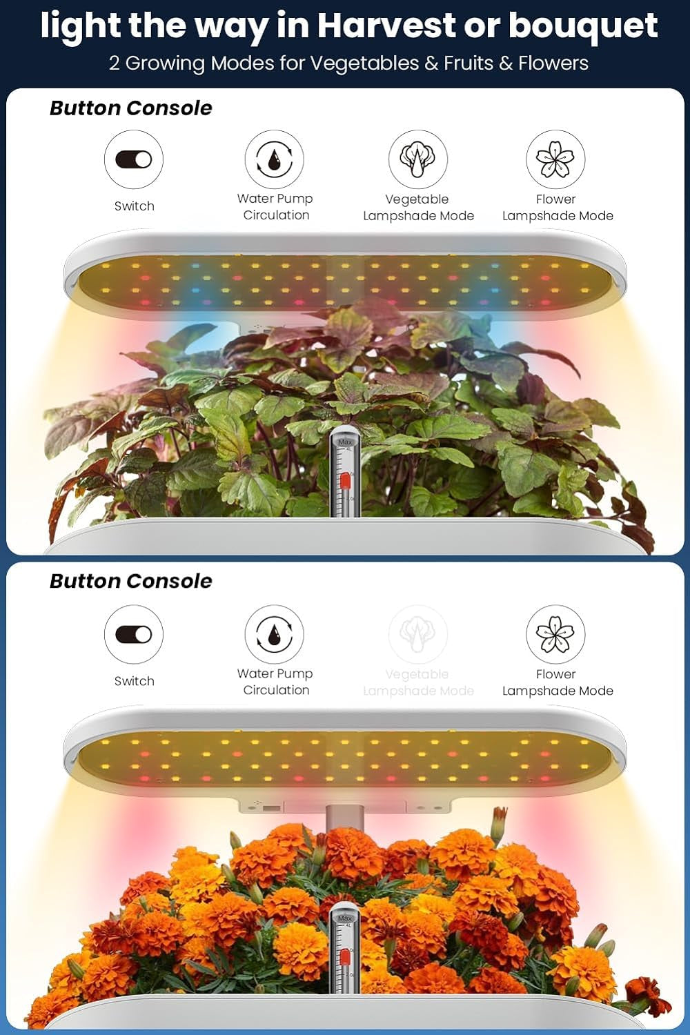 12 Pods Hydroponics Growing System Indoor Garden with LED Grow Light and Pod Kit, Plants Germination Kit with 4.2L Water Pump Accelerate, Height Adjustable, Gardening Gifts for Women, White