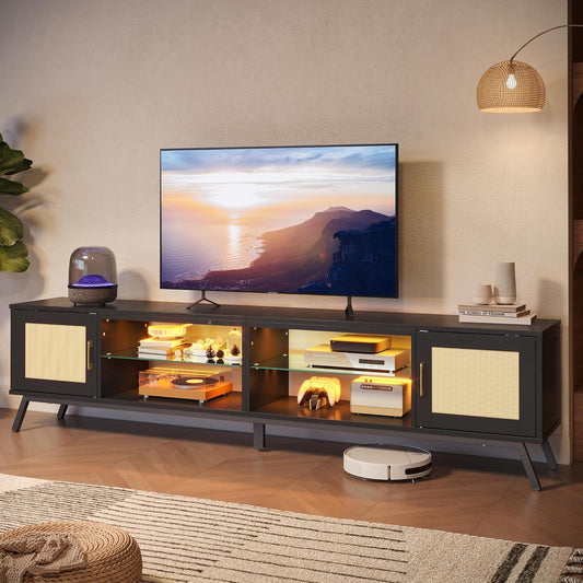 80" Black Rattan TV Stand with LED Lights and Storage